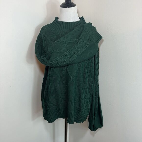 CHOLES Vestidos - Green - Cable Knit Sweater - Drop Sleeve - Mock Turtle Neck L - Picture 2 of 13